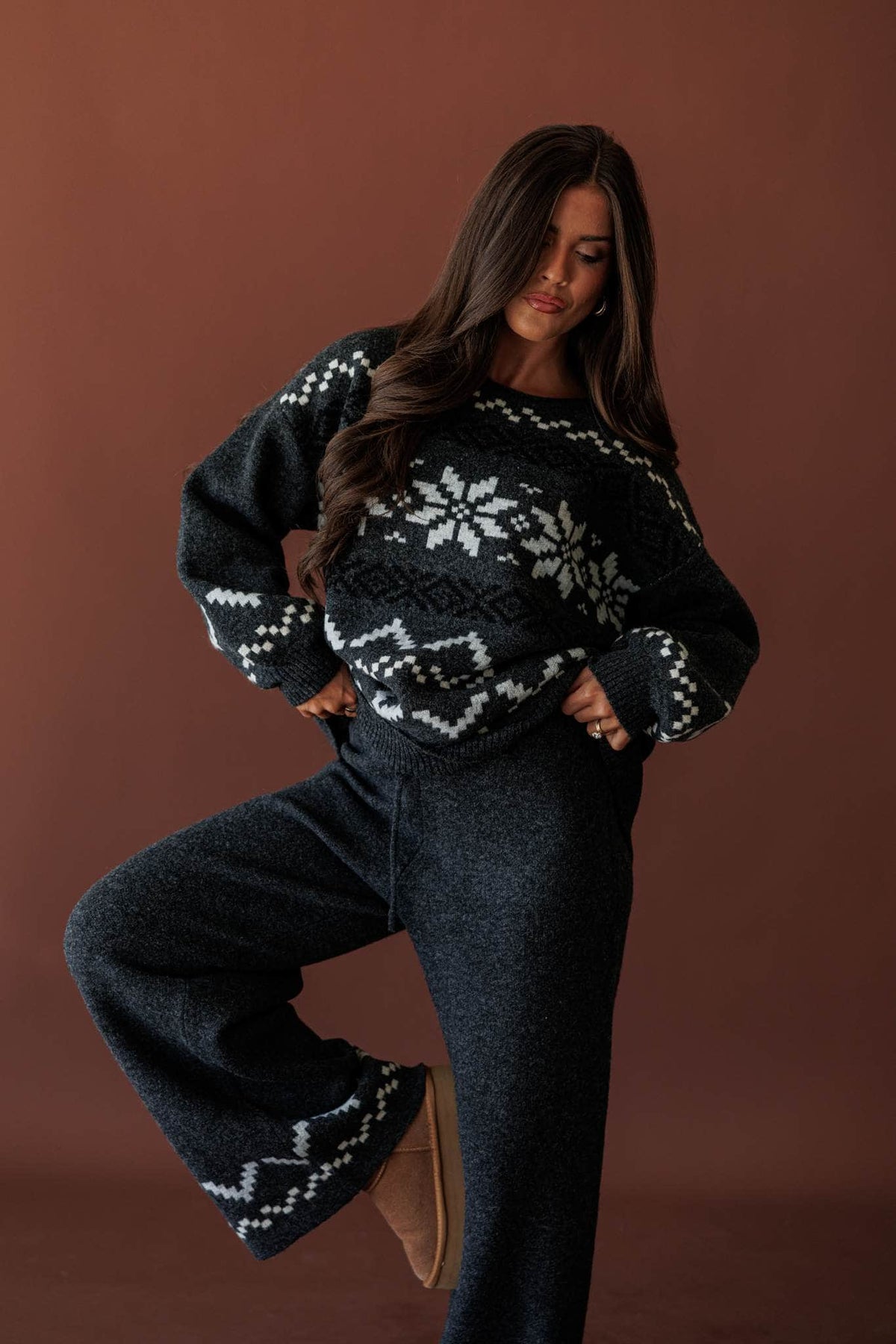 Cabin Cozy Sweater Pants, in charcoal, full-length view with the matching sweater