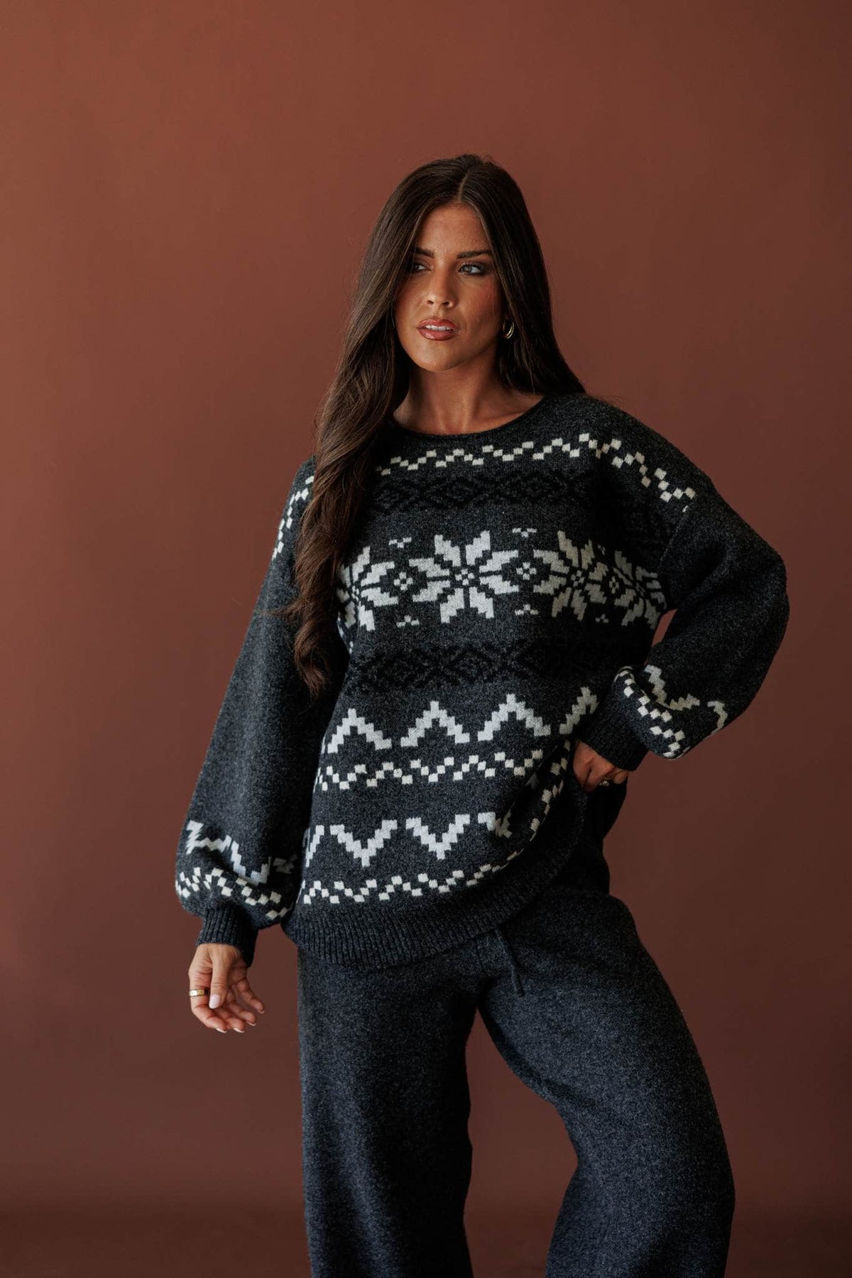 Cabin Cozy Sweater, in charcoal, full-length view with the matching sweater pants