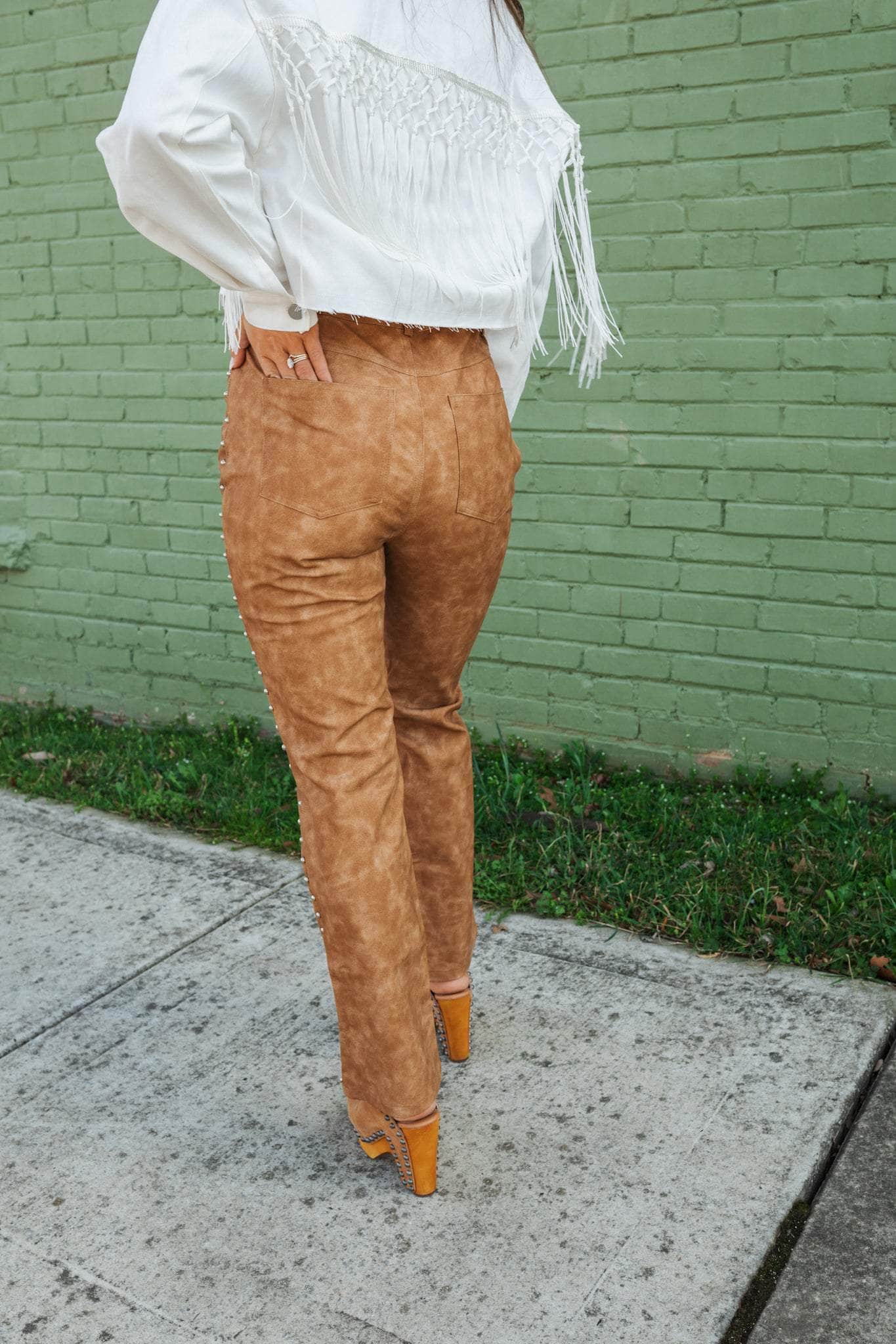 Camel Studded Leather Pants