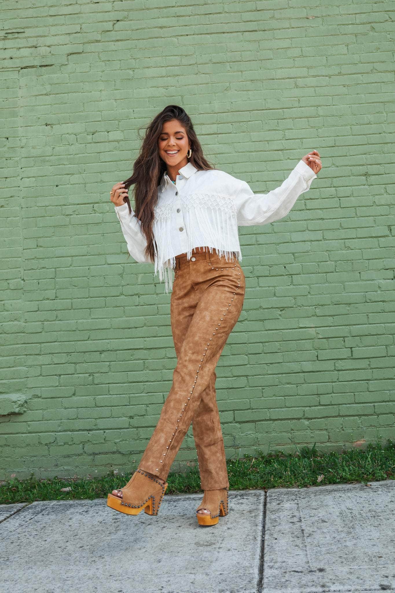 Camel Studded Leather Pants