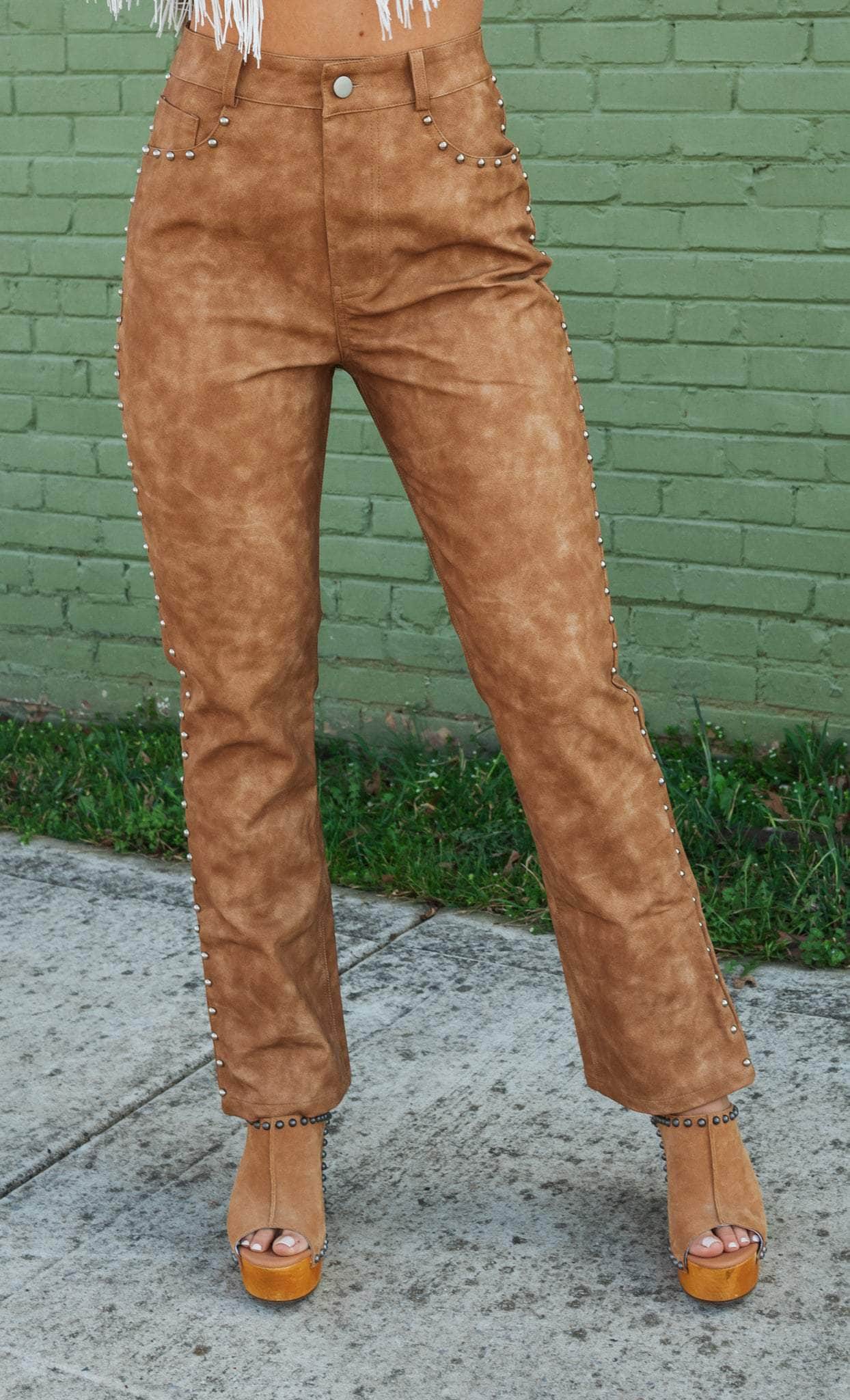 Camel Studded Leather Pants