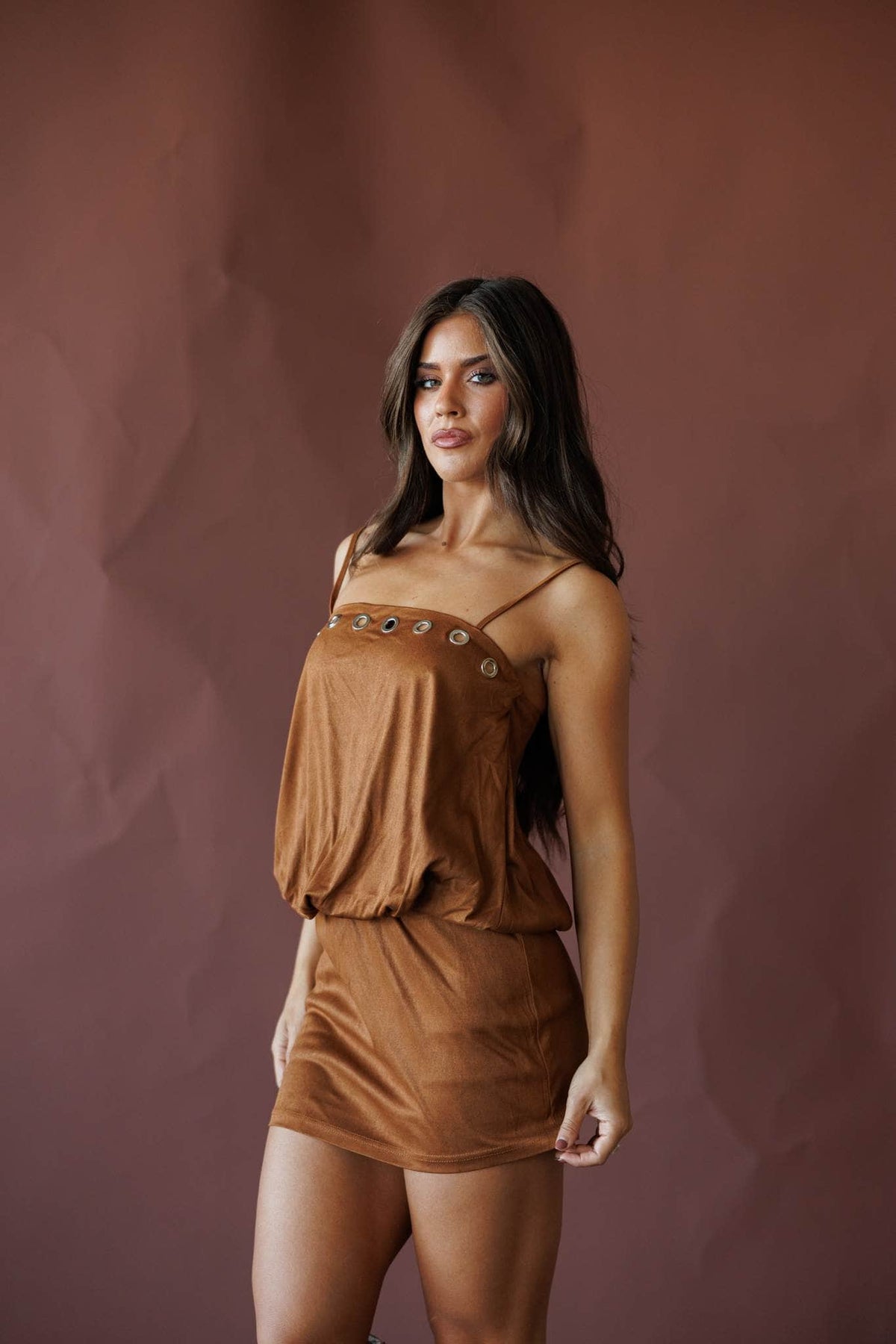 Rust strapless blouson mini dress