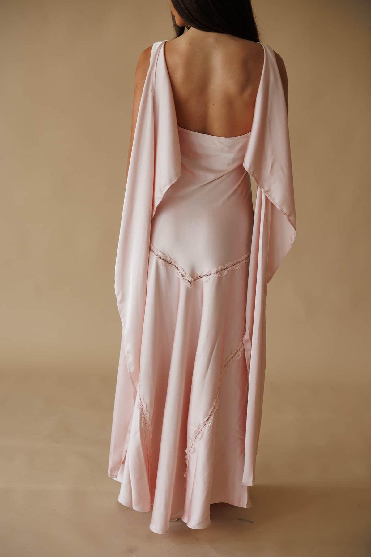 Chasing Forever Dress in dusty pink, back view close-up of the low open back