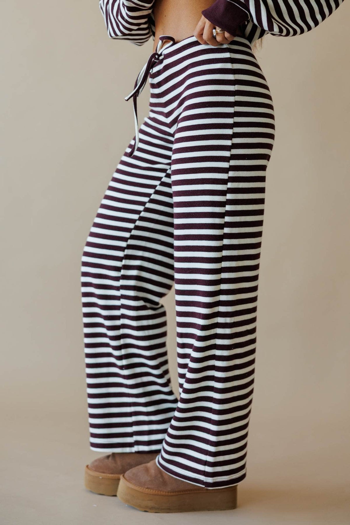 Cream and maroon stripe lounge pants