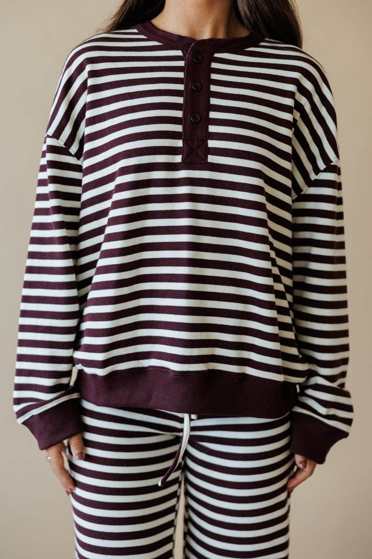 Cream and maroon stripe lounge top