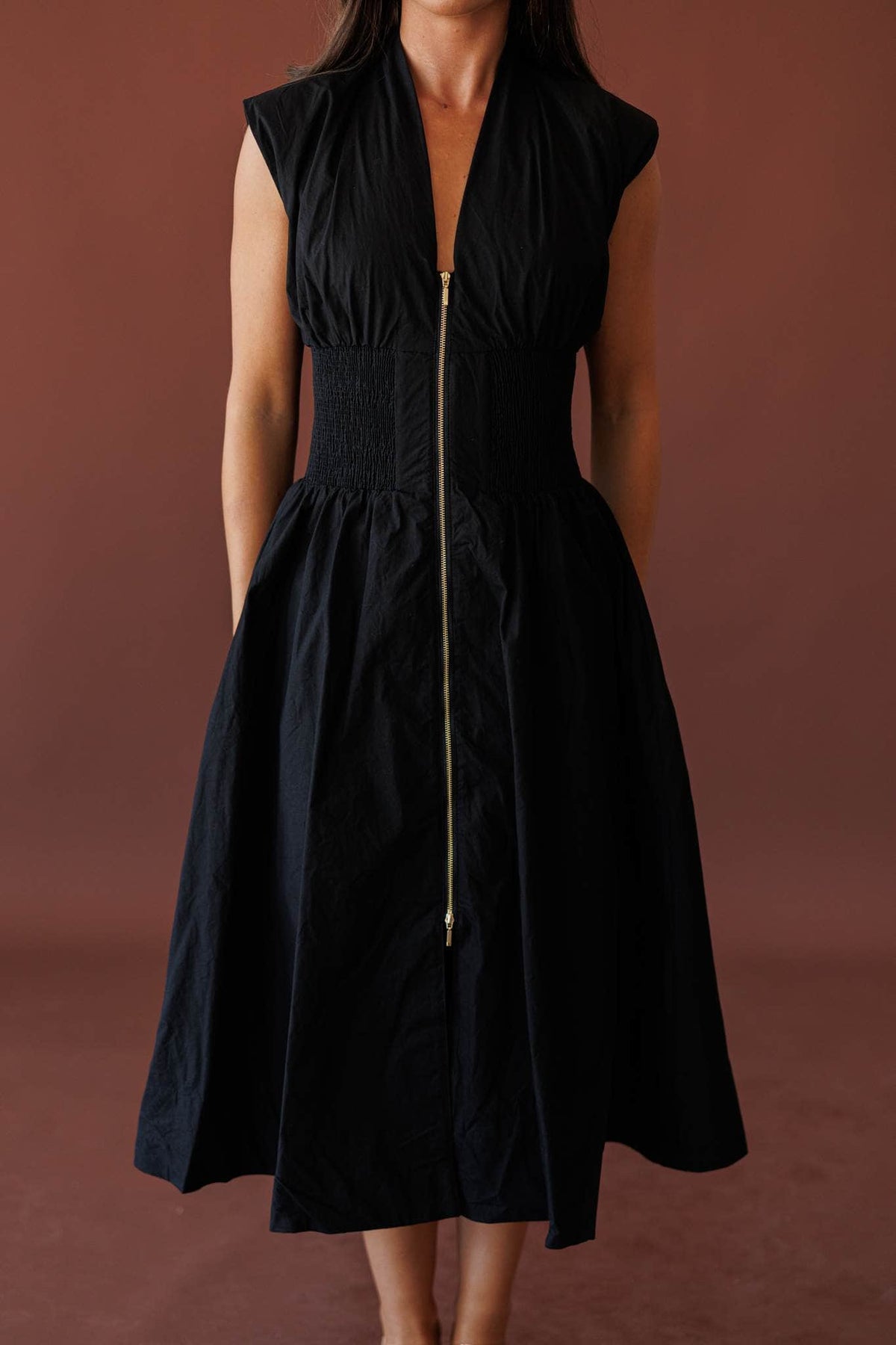 Opening Act Zip Midi Dress, front view of the zip opened at the hem