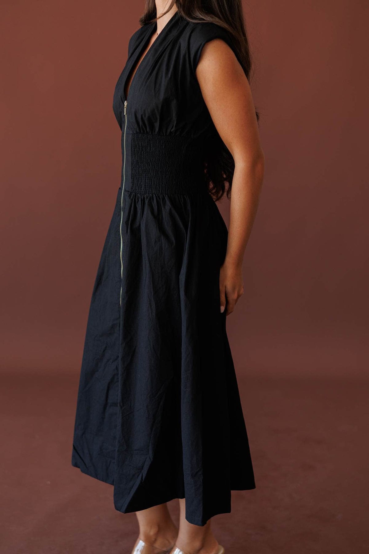 Opening Act Zip Midi Dress, side view of the tiered skirt