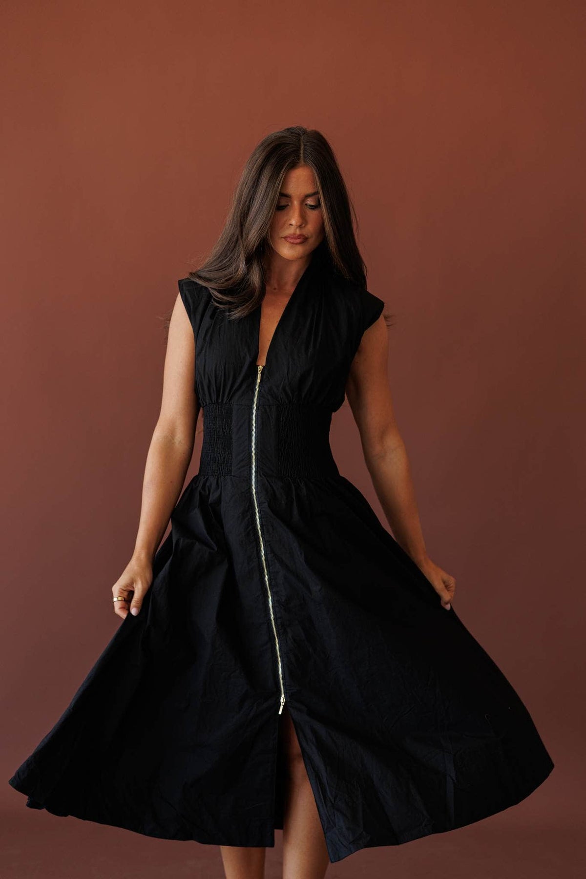 Opening Act Zip Midi Dress, front view with the tiered skirt in motion