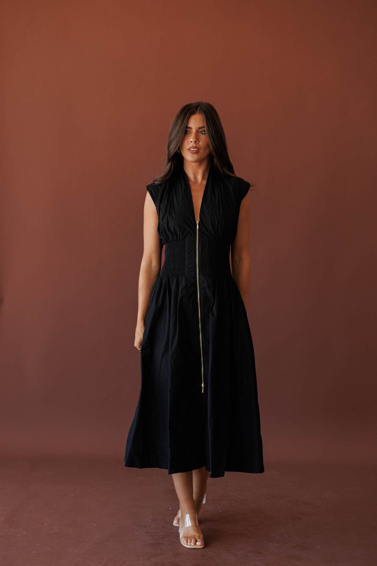Opening Act Zip Midi Dress, full-length front view with sandals