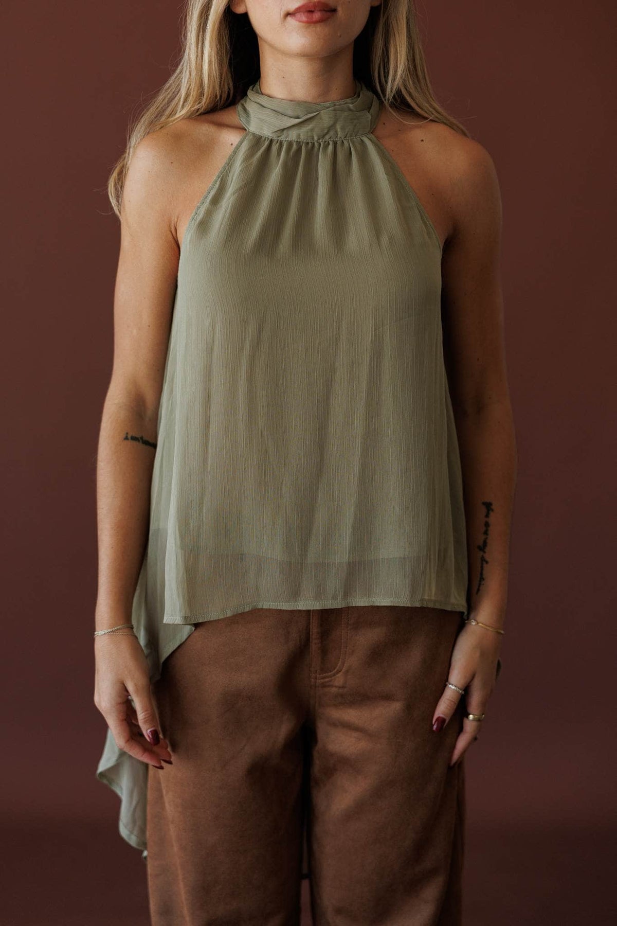 Olive Branch Halter Top, front view of the gathered halter neckline