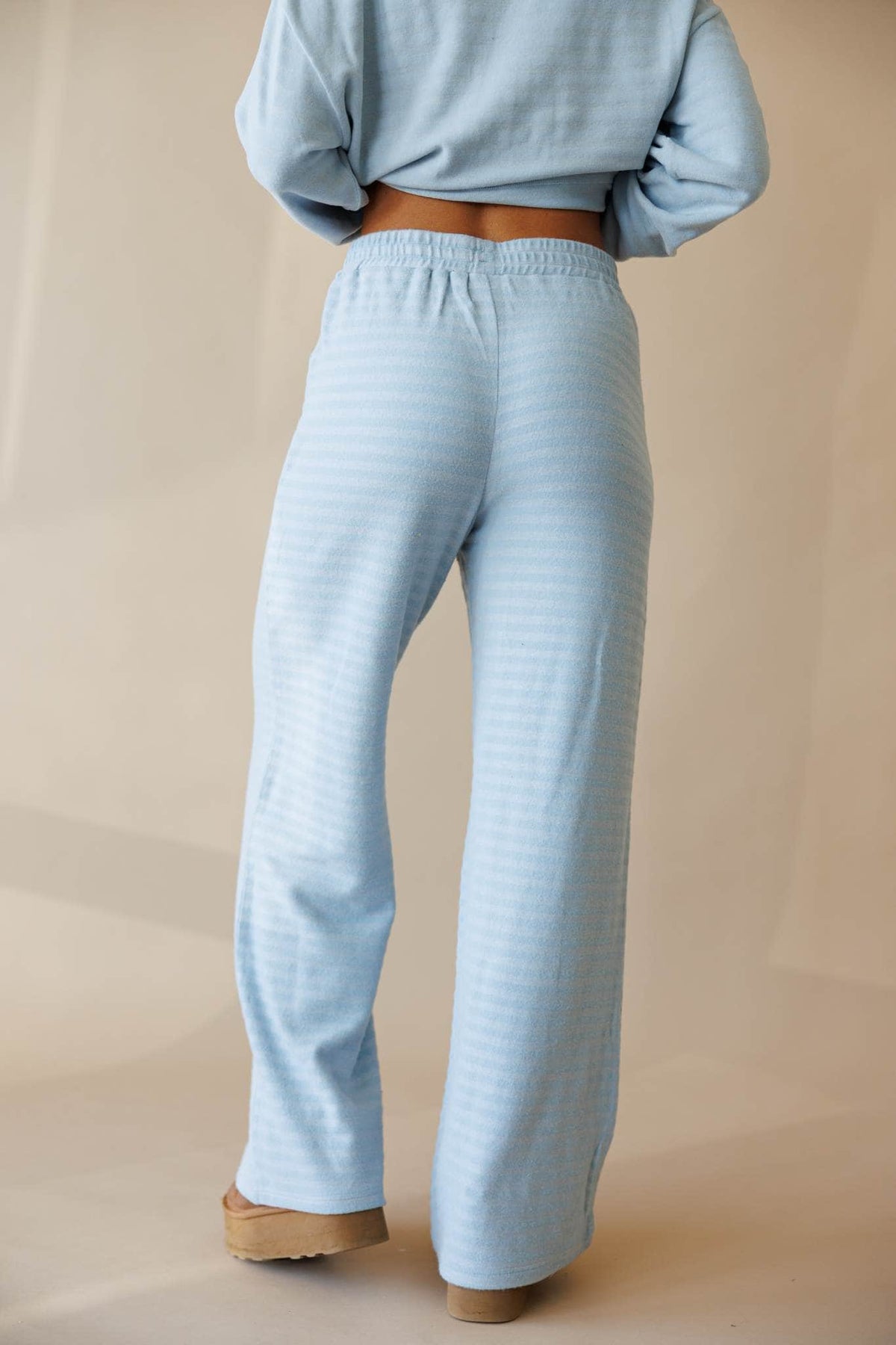 Pale blue ribbed knit wide leg pants