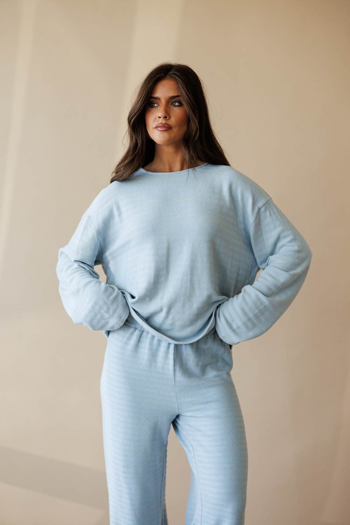 Pale blue ribbed knit long sleeve top