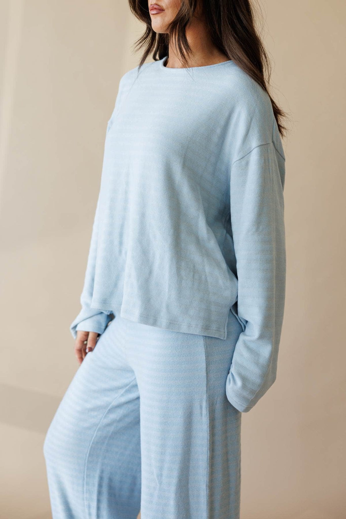 Pale blue ribbed knit long sleeve top