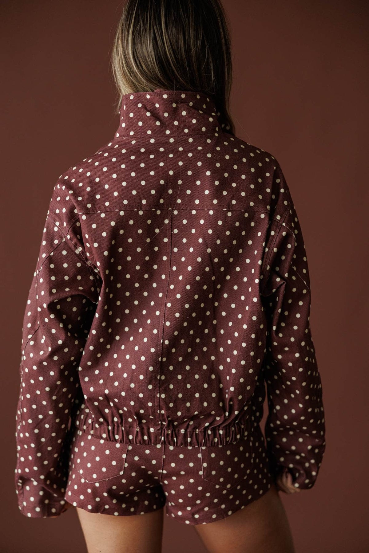Cocoa Dot Lounge Jacket in hot chocolate, back view showing the slouchy polka dot jacket