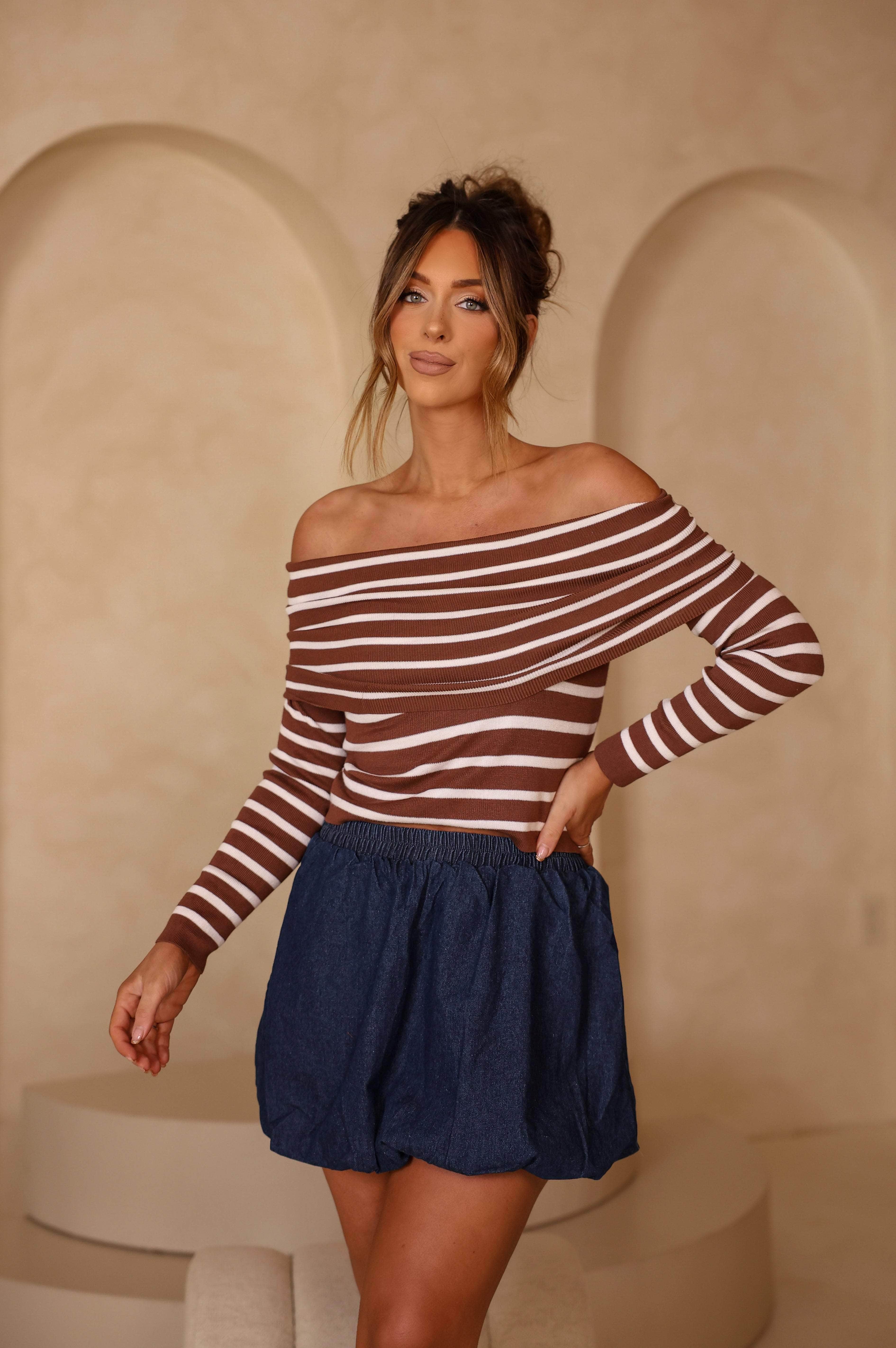 Coffee Striped Off The Shoulder Top