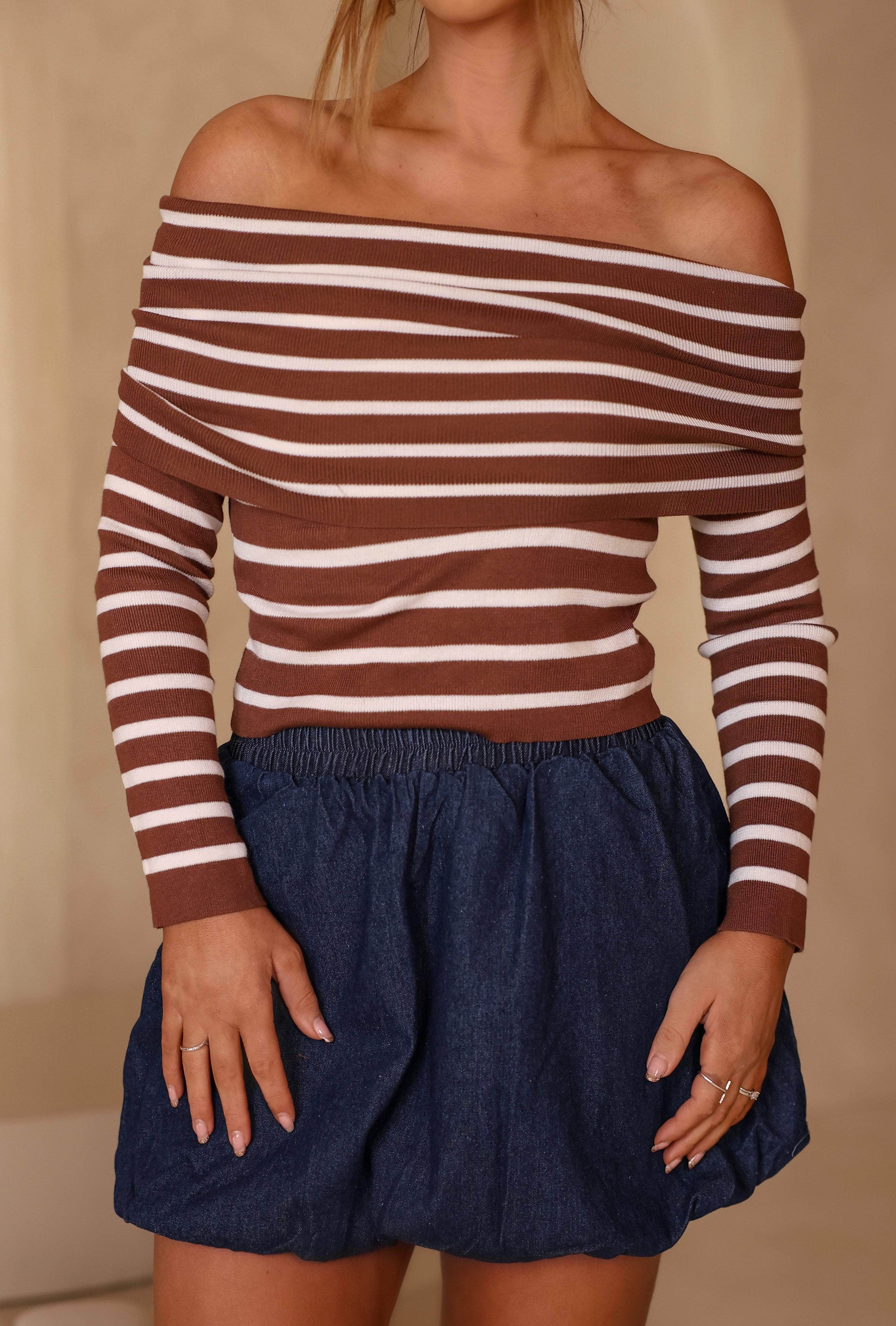 Coffee Striped Off The Shoulder Top