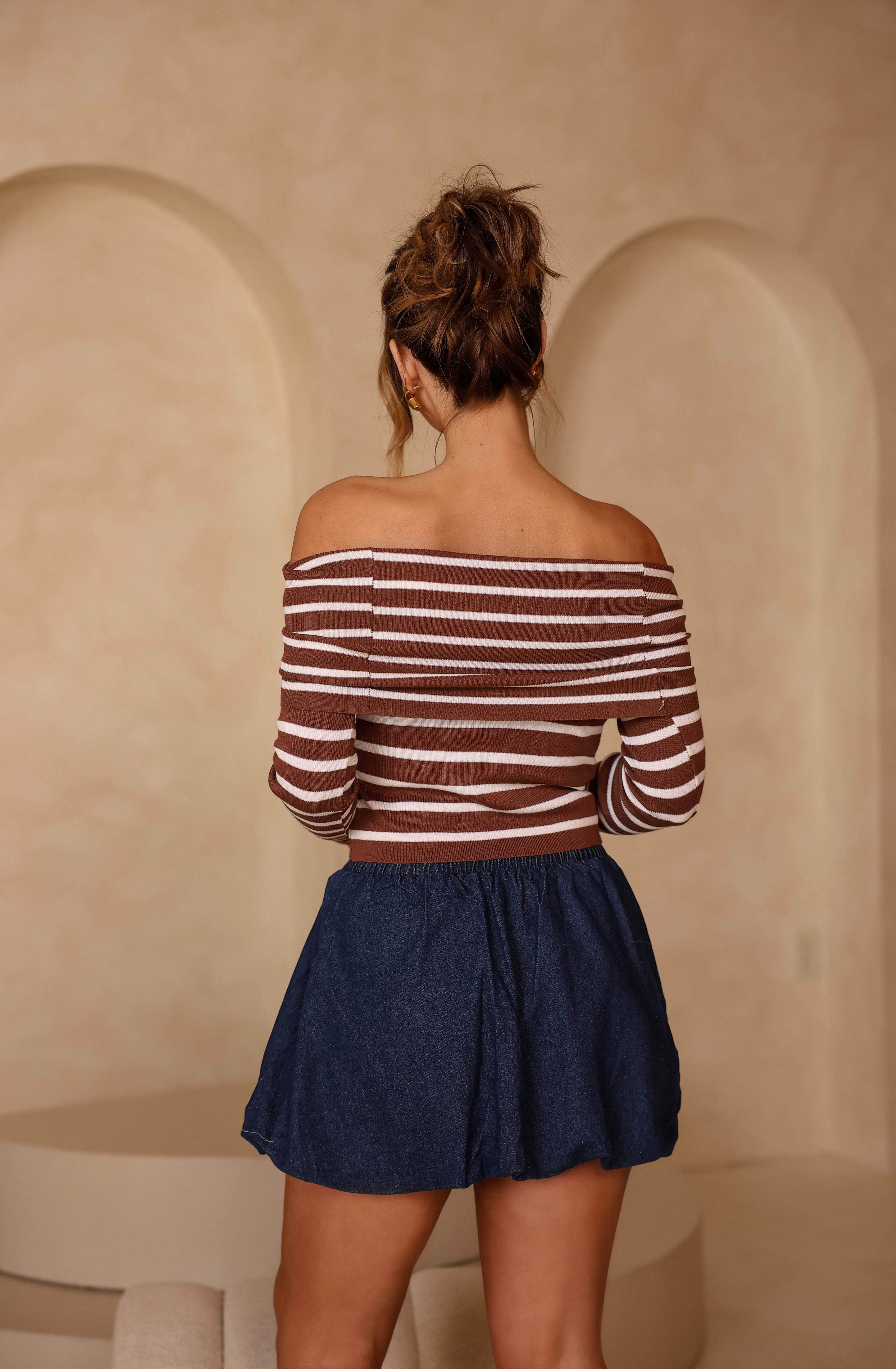 Coffee Striped Off The Shoulder Top