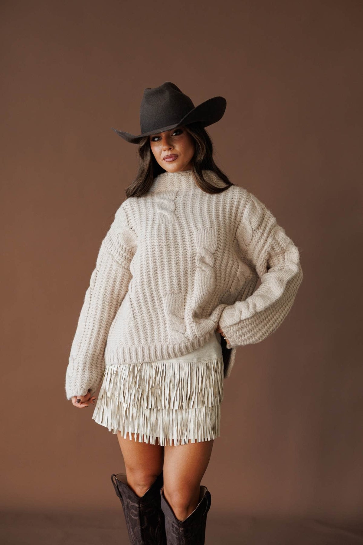 Cable knit sweater, front view