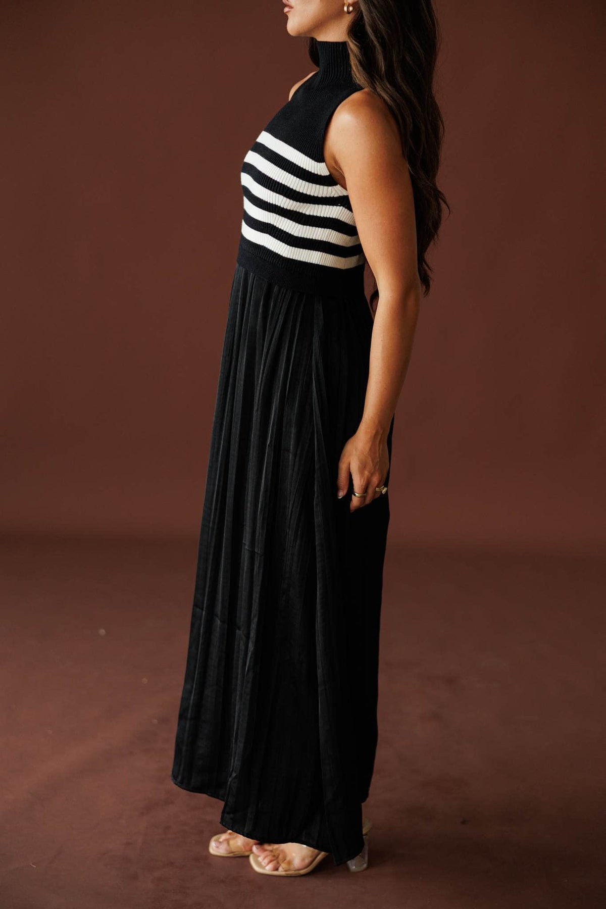 City Limits Striped Dress in black and white, three-quarter view of the flowing skirt