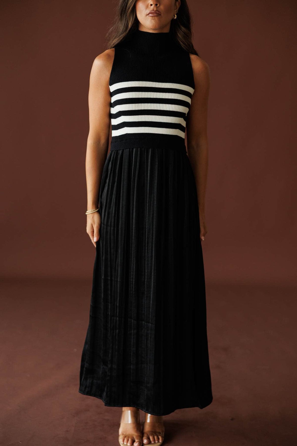 City Limits Striped Dress in black and white, front view of the pleated maxi skirt