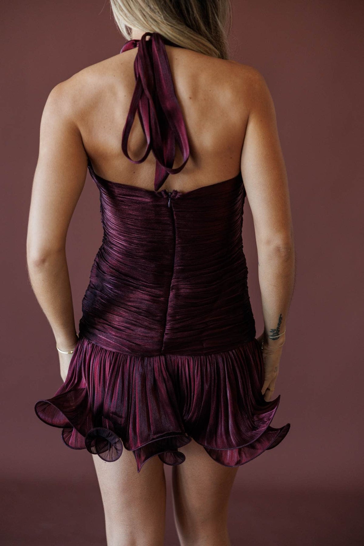 Dancing Till Sunrise Dress, in wine, back view of the halter tie