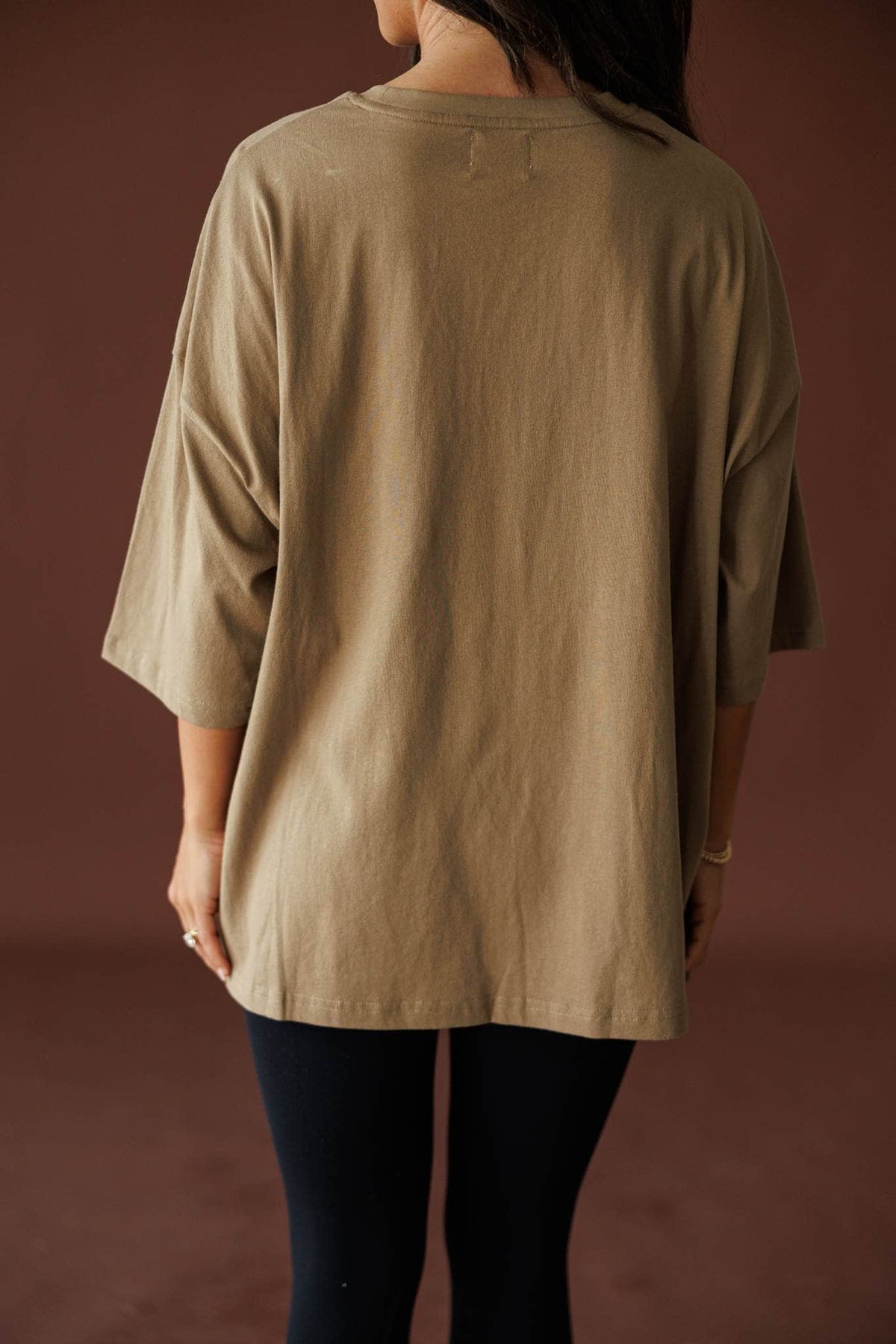 Day To Day Oversized Tee in khaki, back view showing the oversized boxy tee