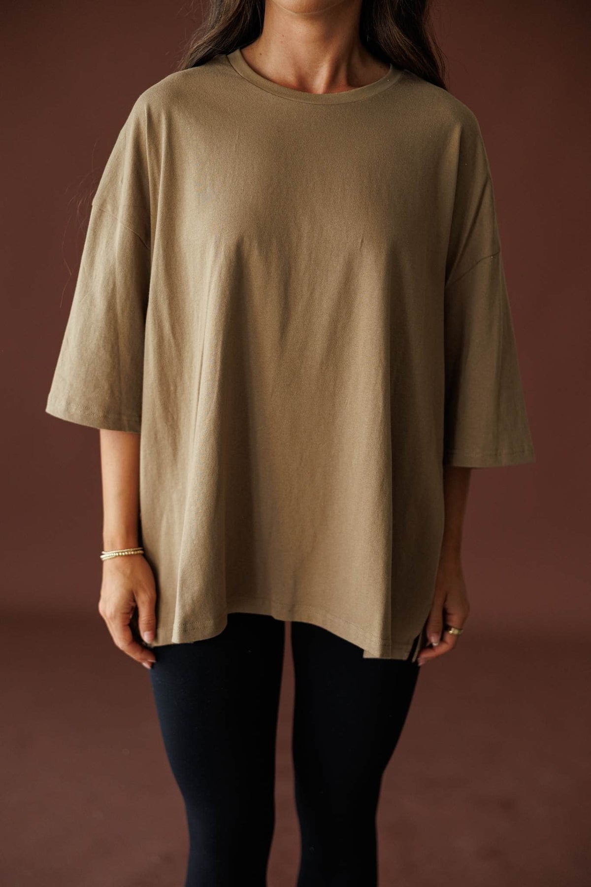 Day To Day Oversized Tee in khaki, front close-up of the oversized crew neck tee