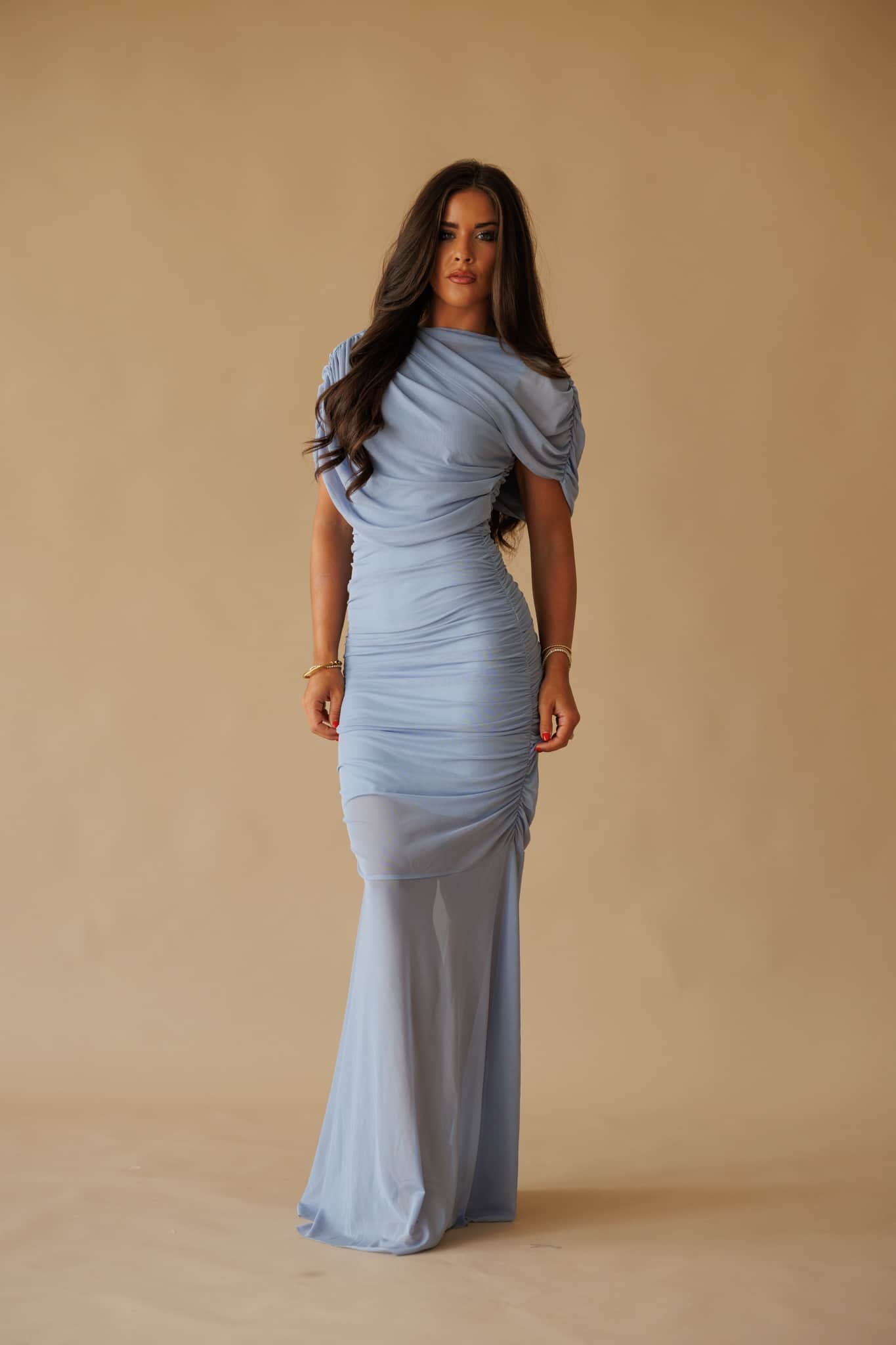 Cape Flare Mesh Maxi Dress