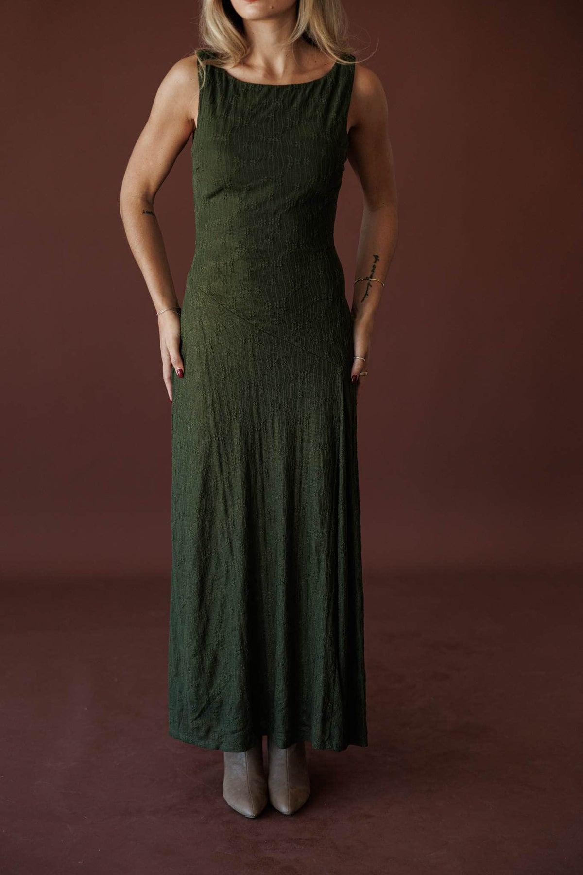 Evergreen Evening Maxi Dress, back view of the open back