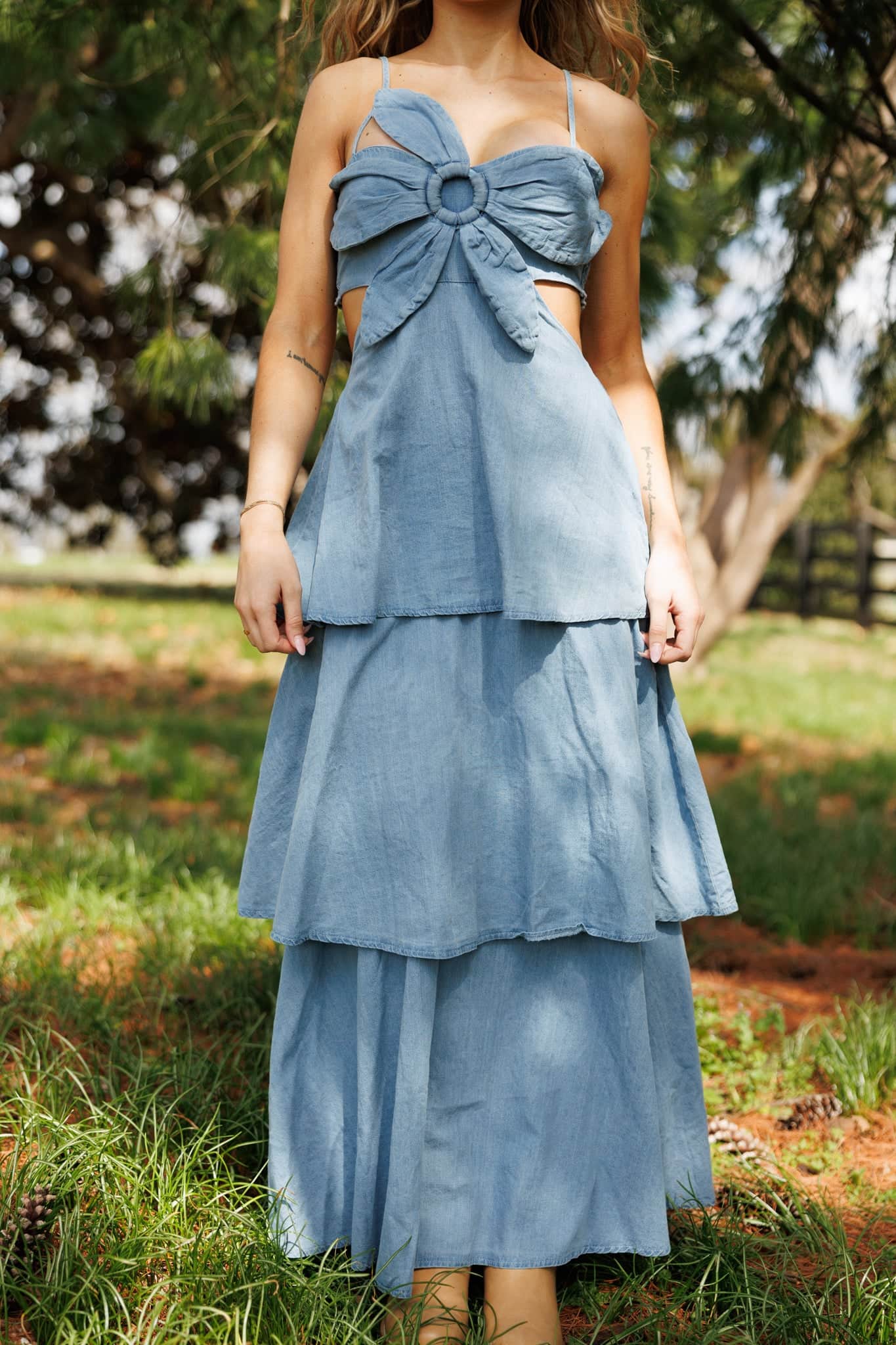 Denim Flower Top Maxi Dress