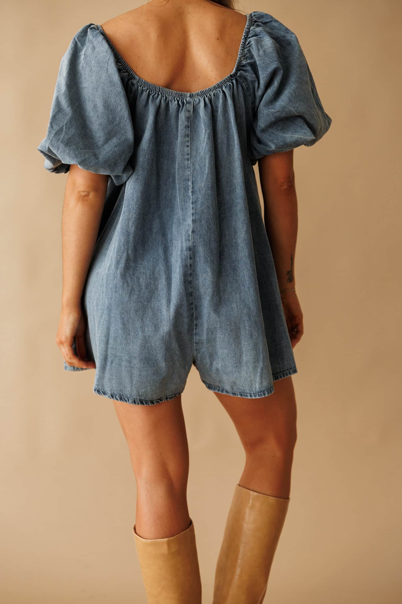 Denim Puff Sleeve Babydoll Romper