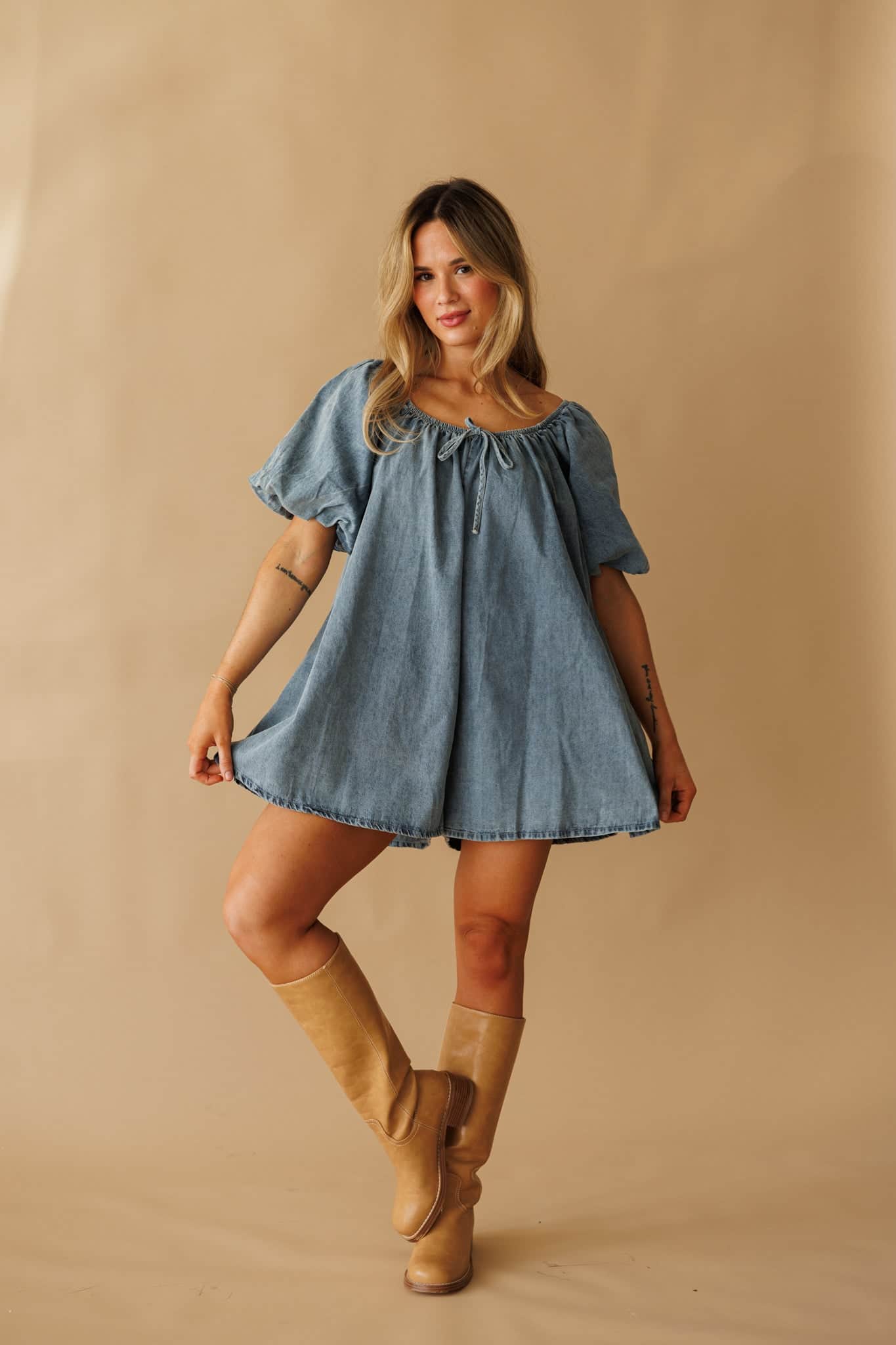 Denim Puff Sleeve Babydoll Romper