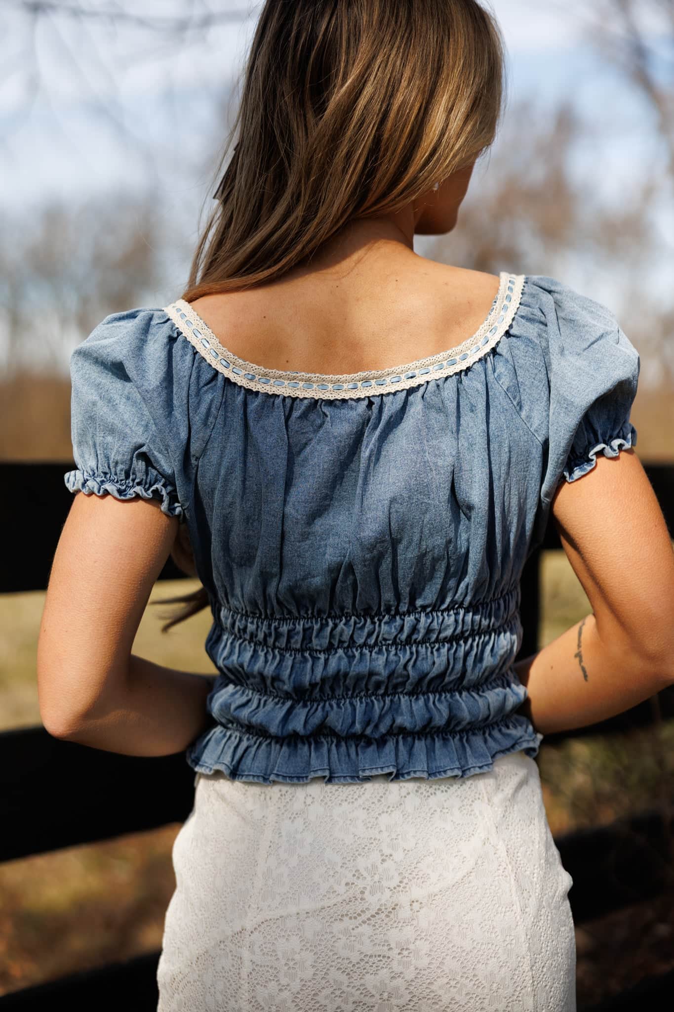 Denim Satin Ribbon Ruched Top