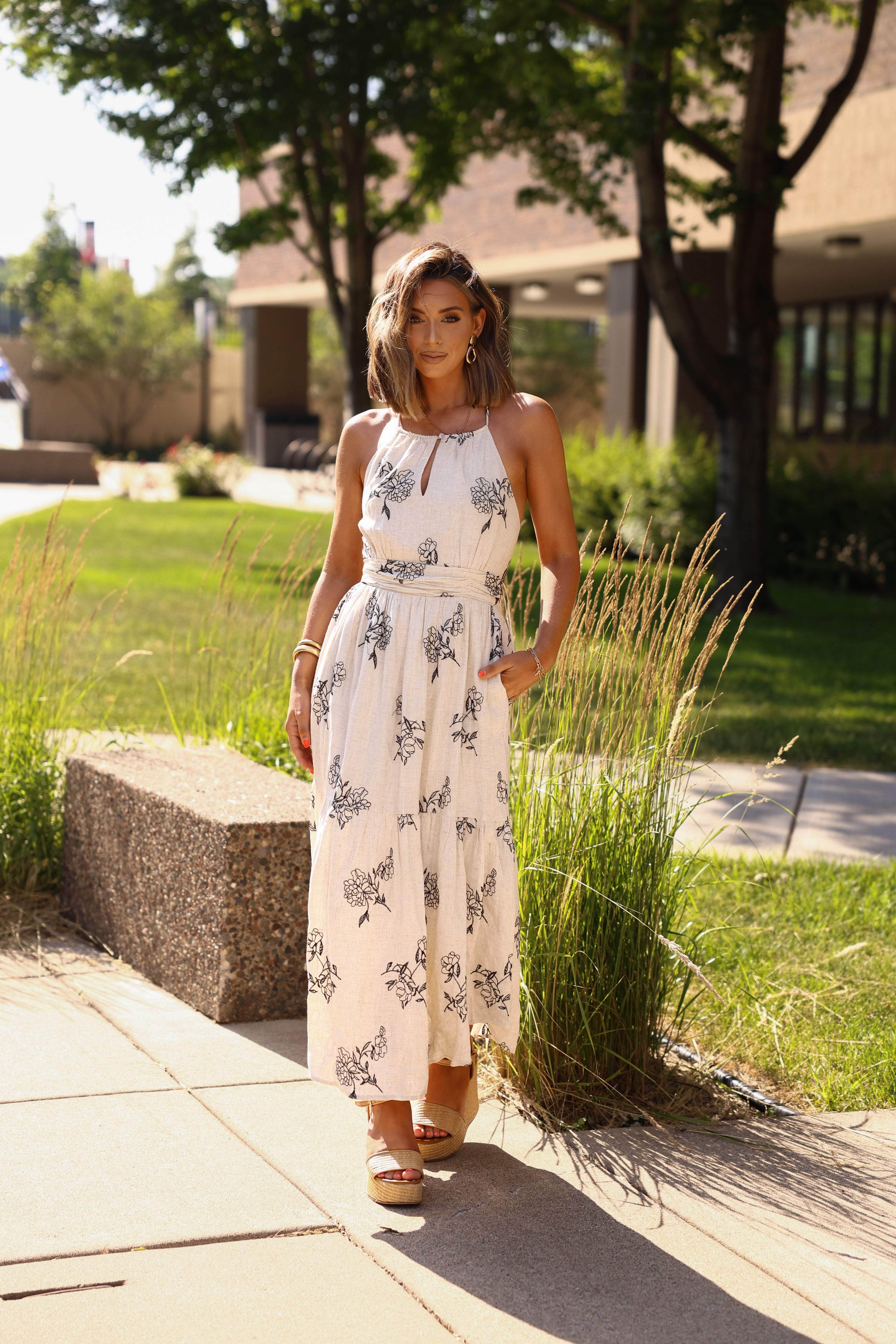 Natural Floral Linen Dress