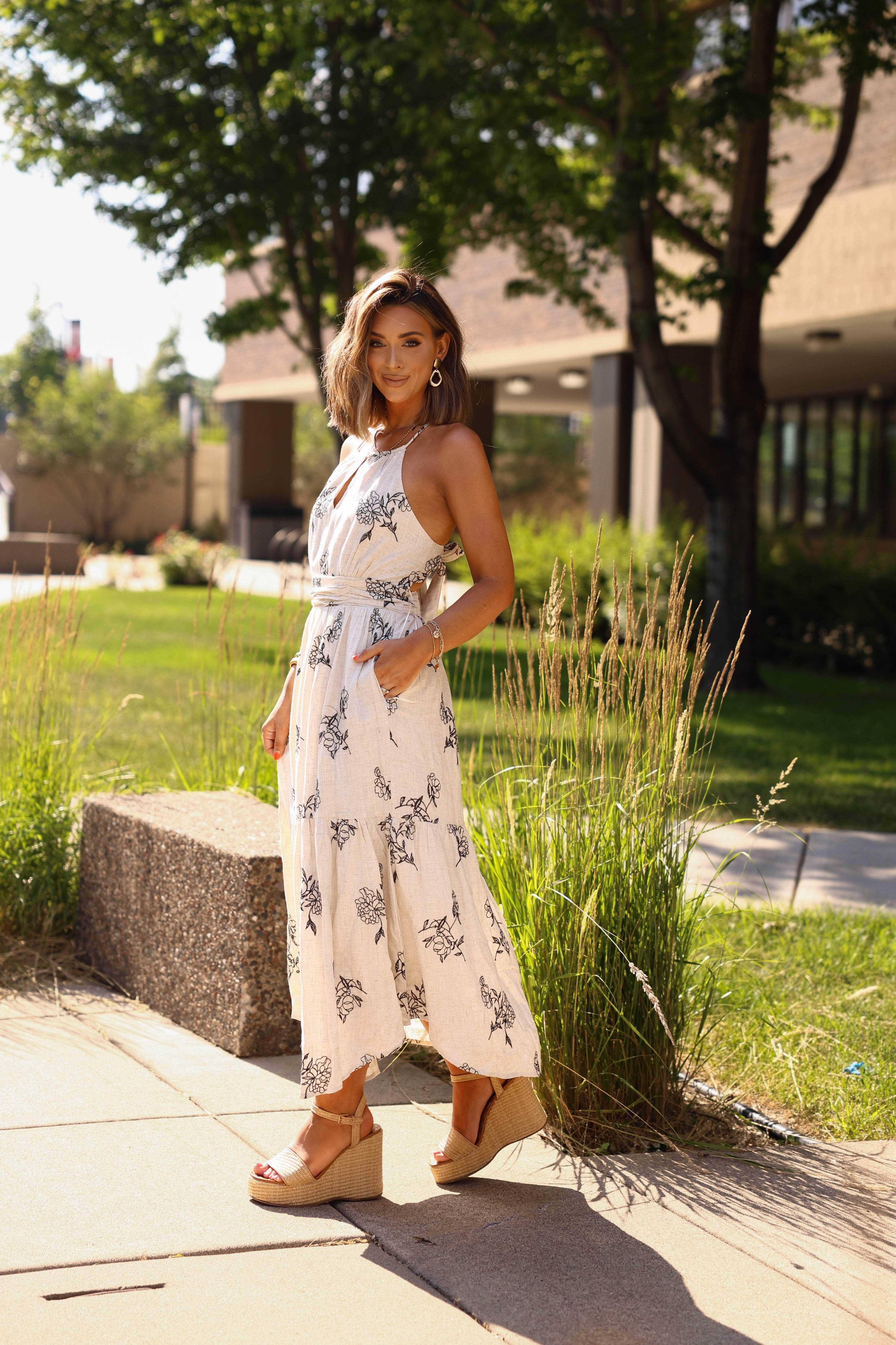 Natural Floral Linen Dress