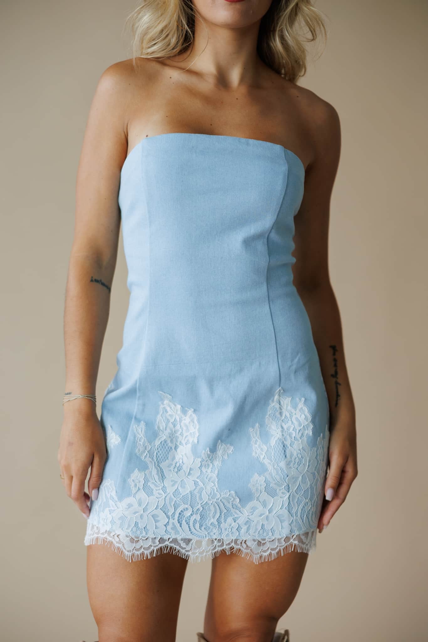 Lace Trim Denim Mini Dress