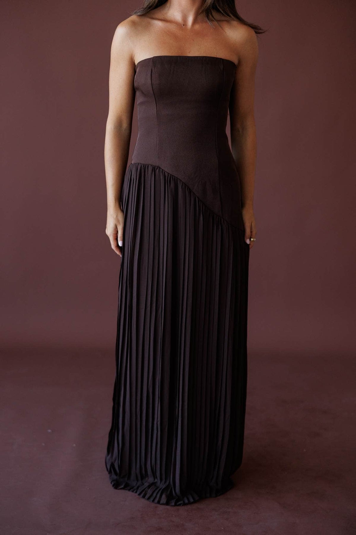 Cocoa Nights Strapless Maxi Dress, front view of the pleated skirt