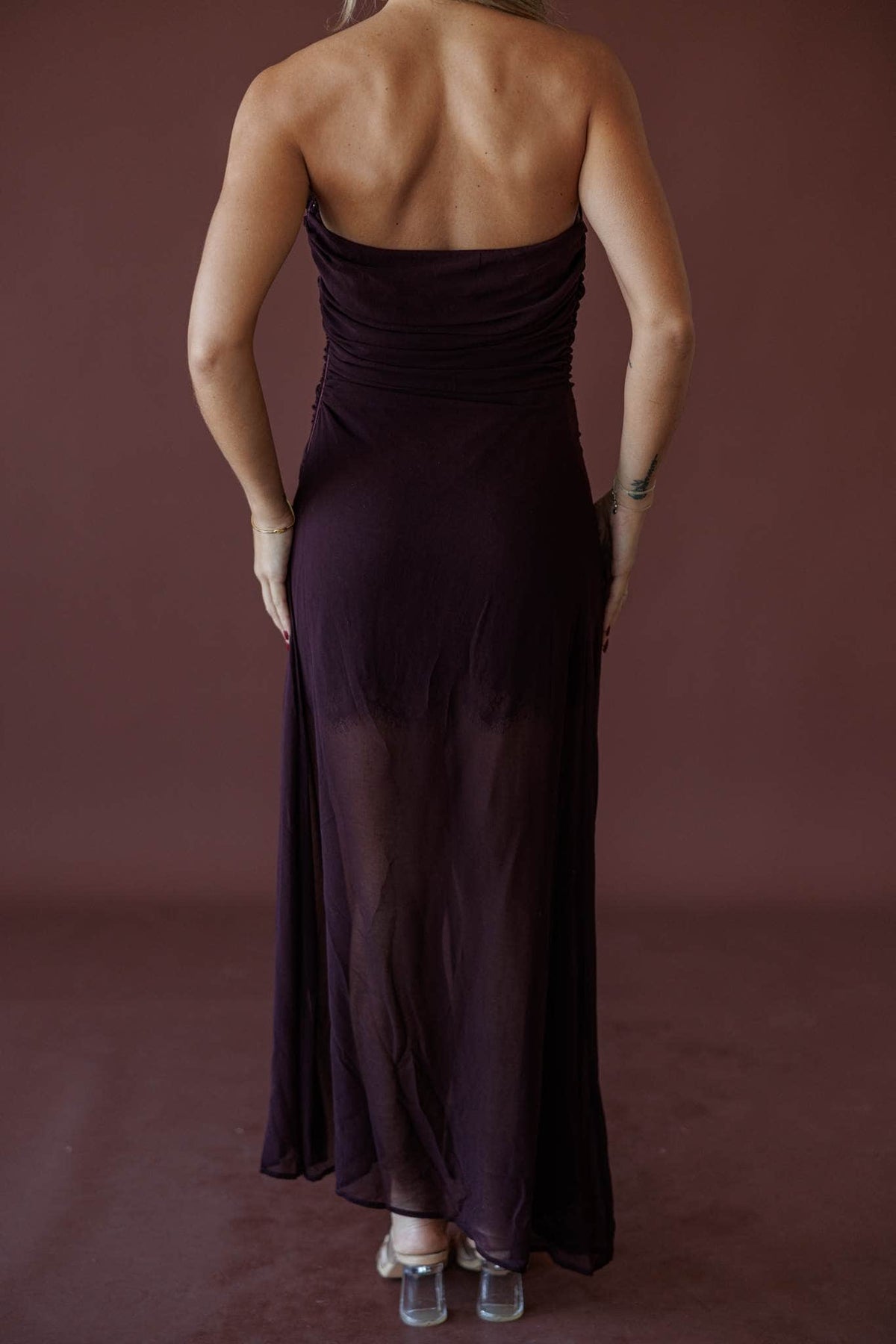 Last Call Shirred Maxi Dress, back view of the strapless bodice