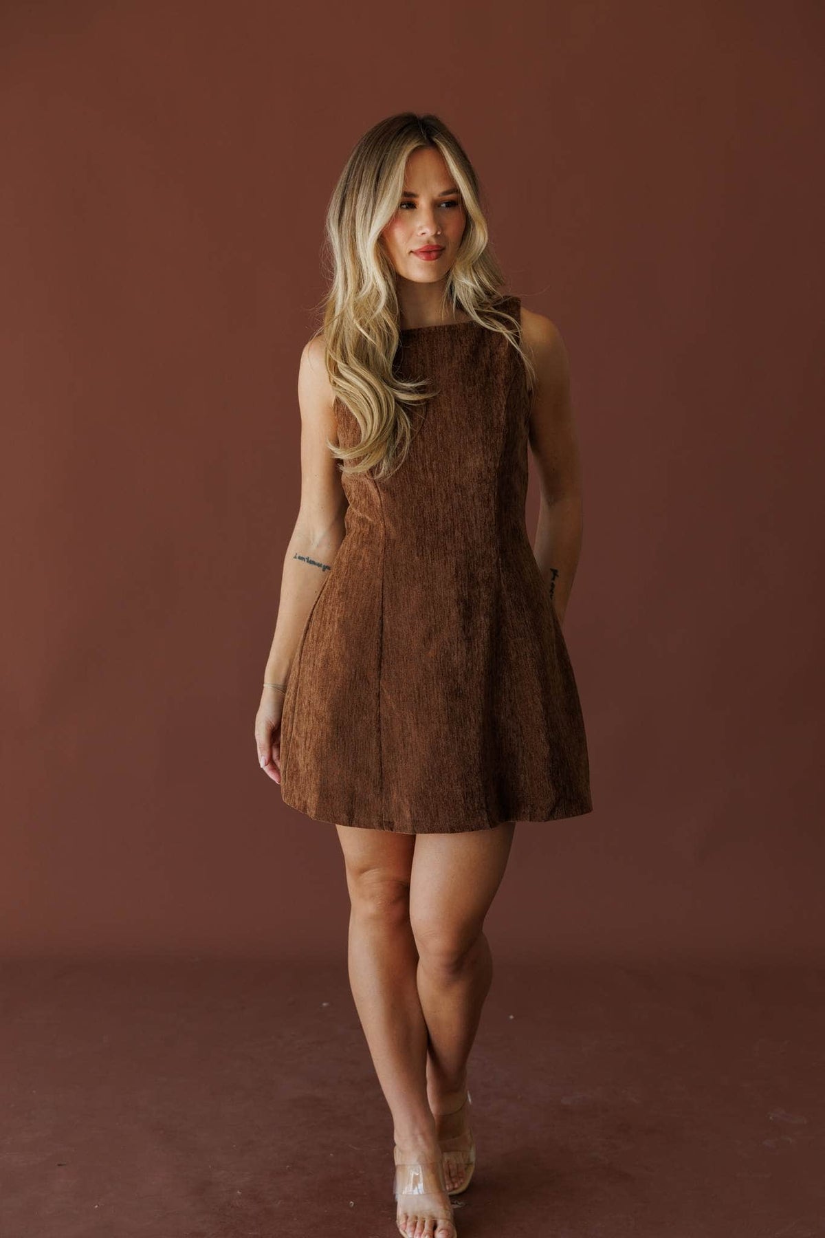 Brown velvet mini dress, front view