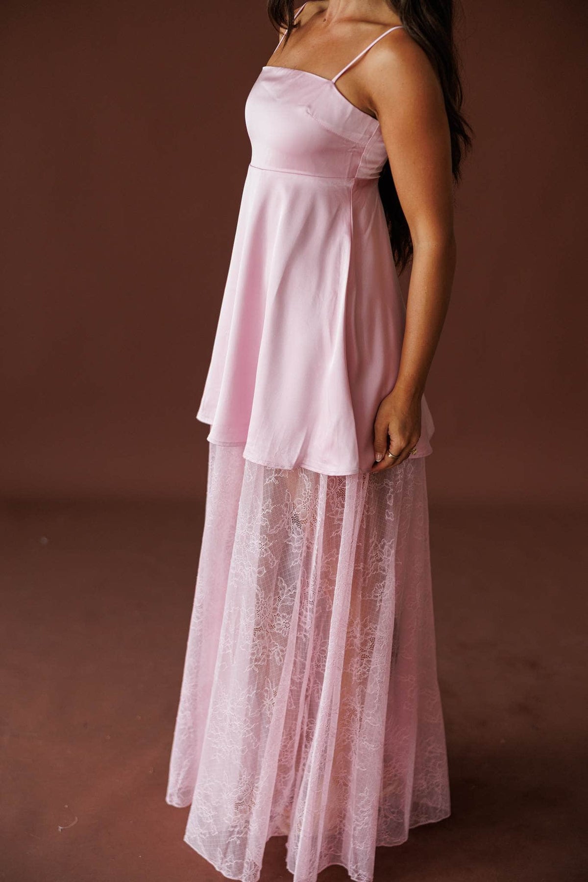 Save The Date Satin Maxi Dress in pink, three-quarter front view of the tiered overlay