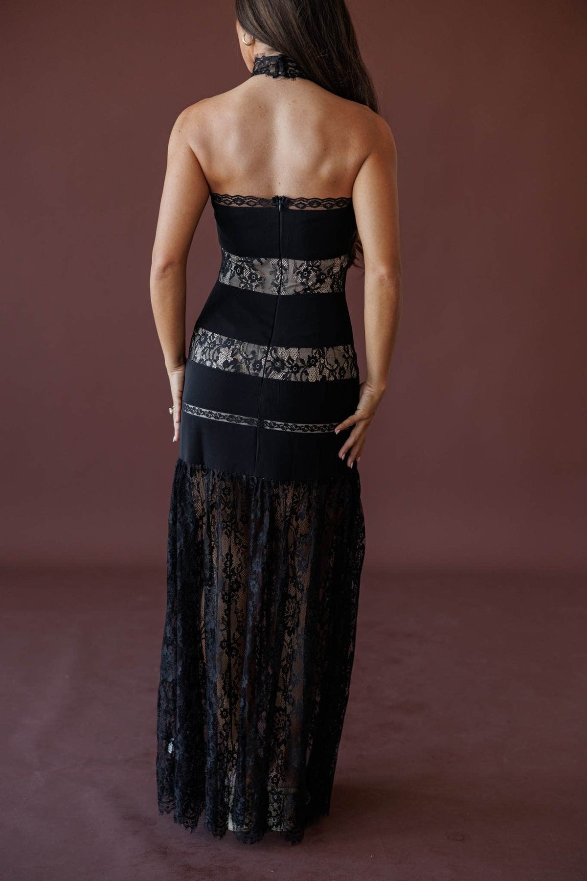 Midnight Lace Halter Maxi Dress, back view of the open back