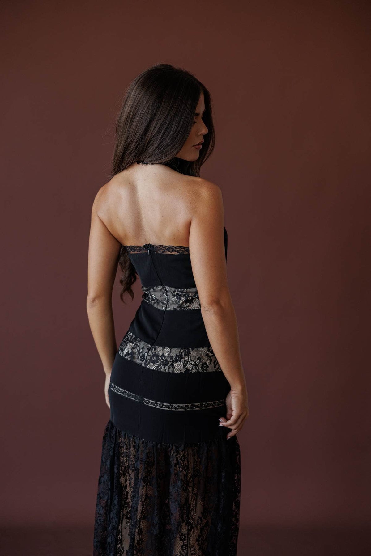 Midnight Lace Halter Maxi Dress, side view of the lace panels