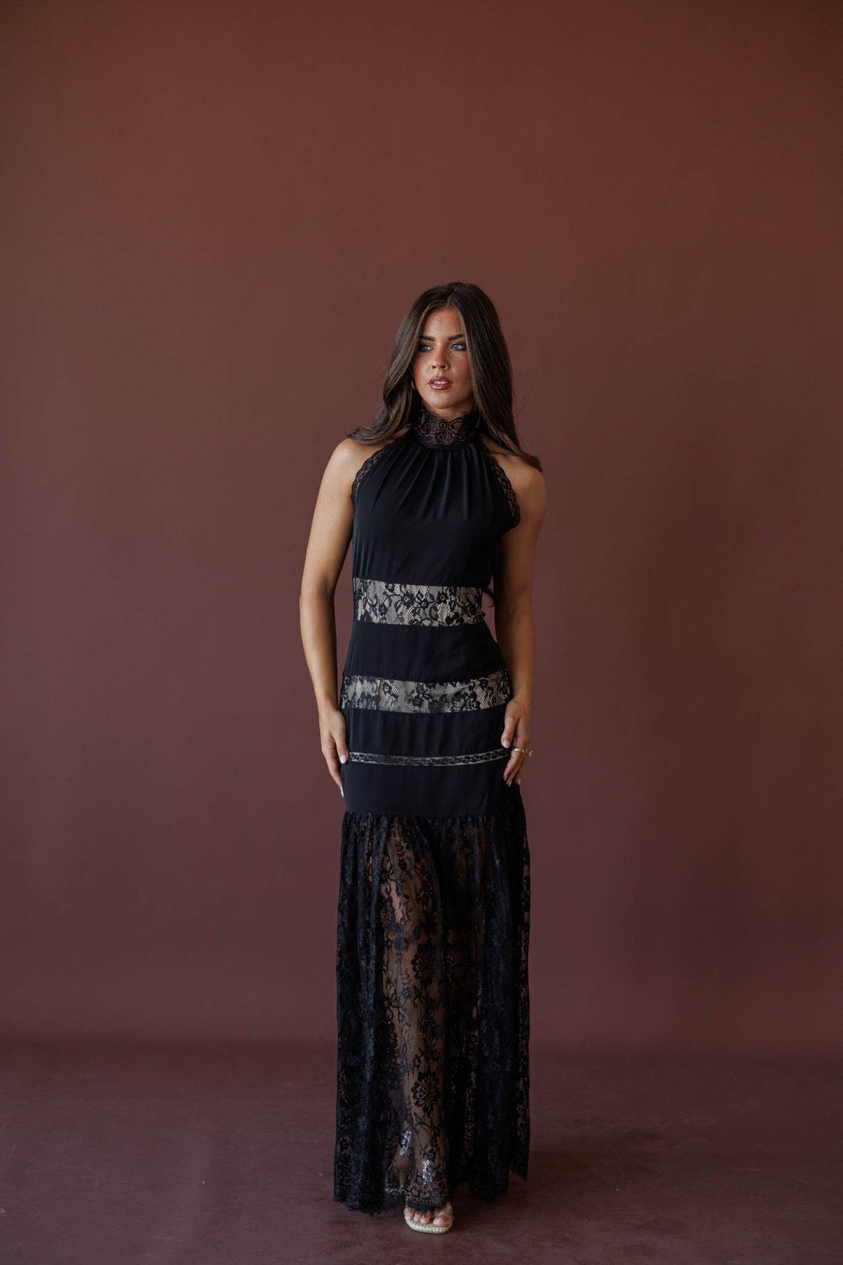 Midnight Lace Halter Maxi Dress, full-length front view of the lace halter maxi