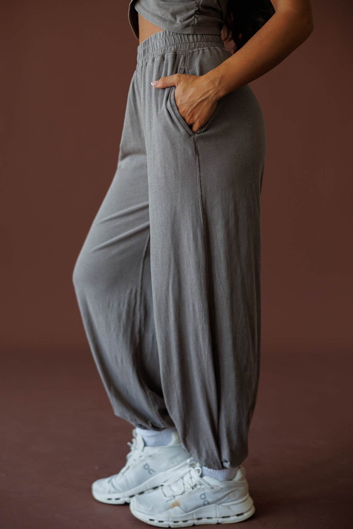 Different Energy Joggers in truffle, side view with one hand in the pocket