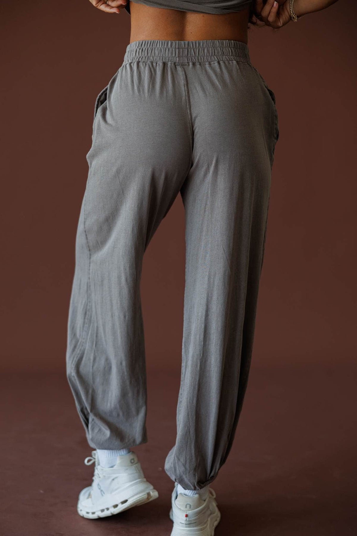 Different Energy Joggers in truffle, back view showing the elastic waist and cuffed hem