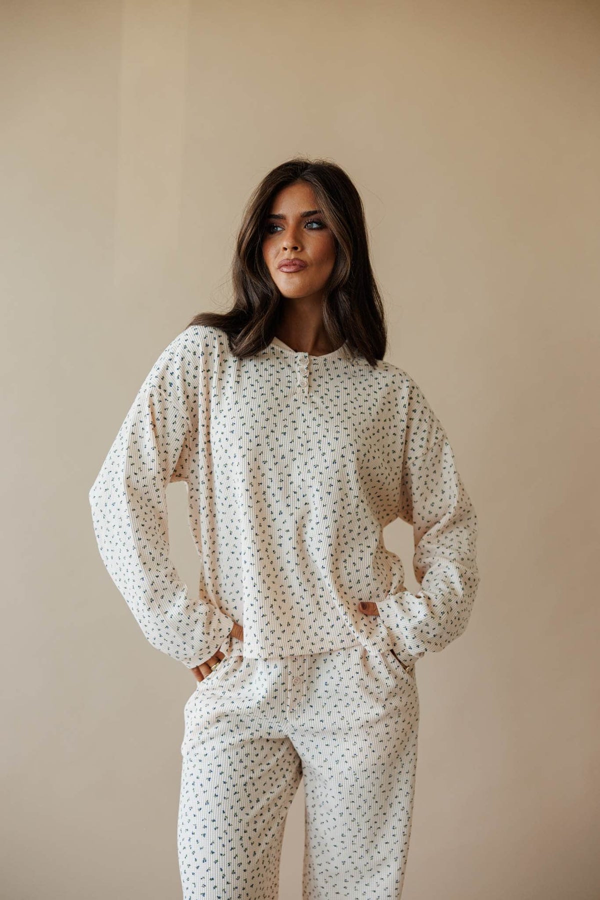 Cream ditsy floral henley top, front view