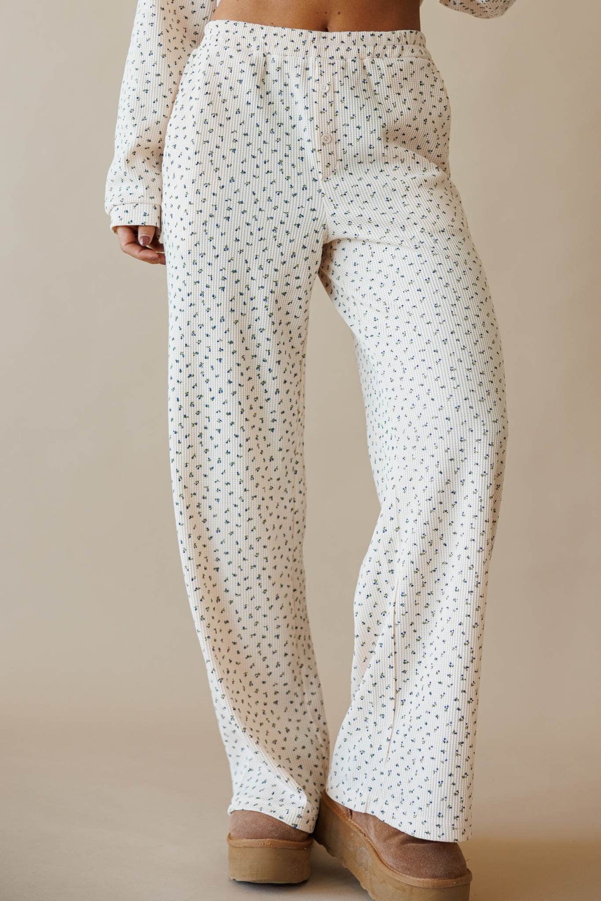 Cream ditsy floral lounge pants, front view