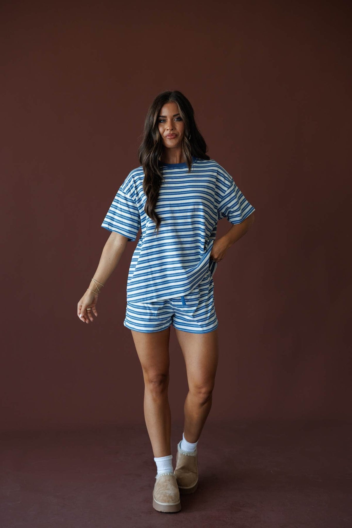 Doing Things Tee in dusty blue, full-length front view on model with matching striped shorts