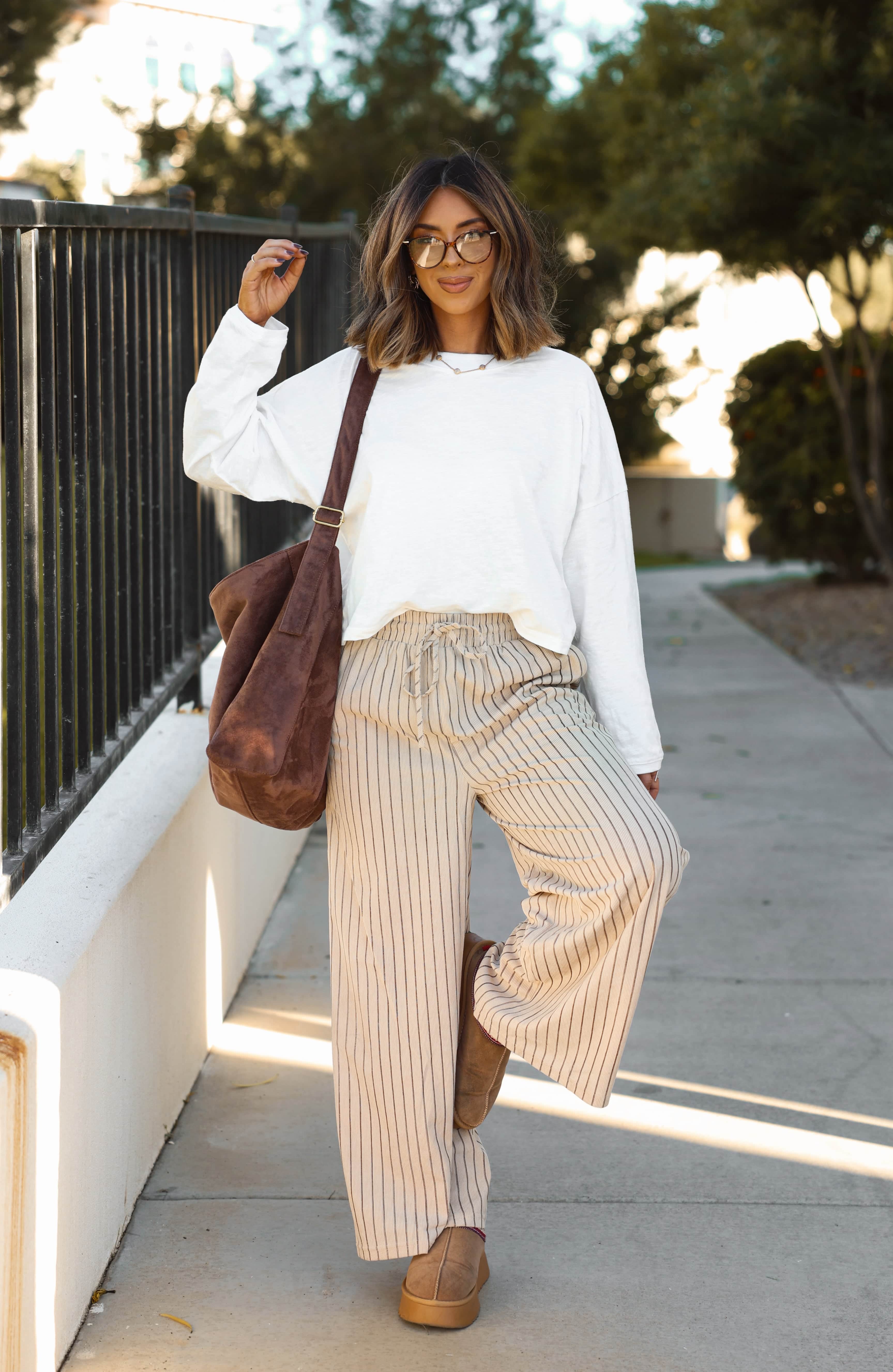 Taupe Striped Corduroy Wide Leg Pants