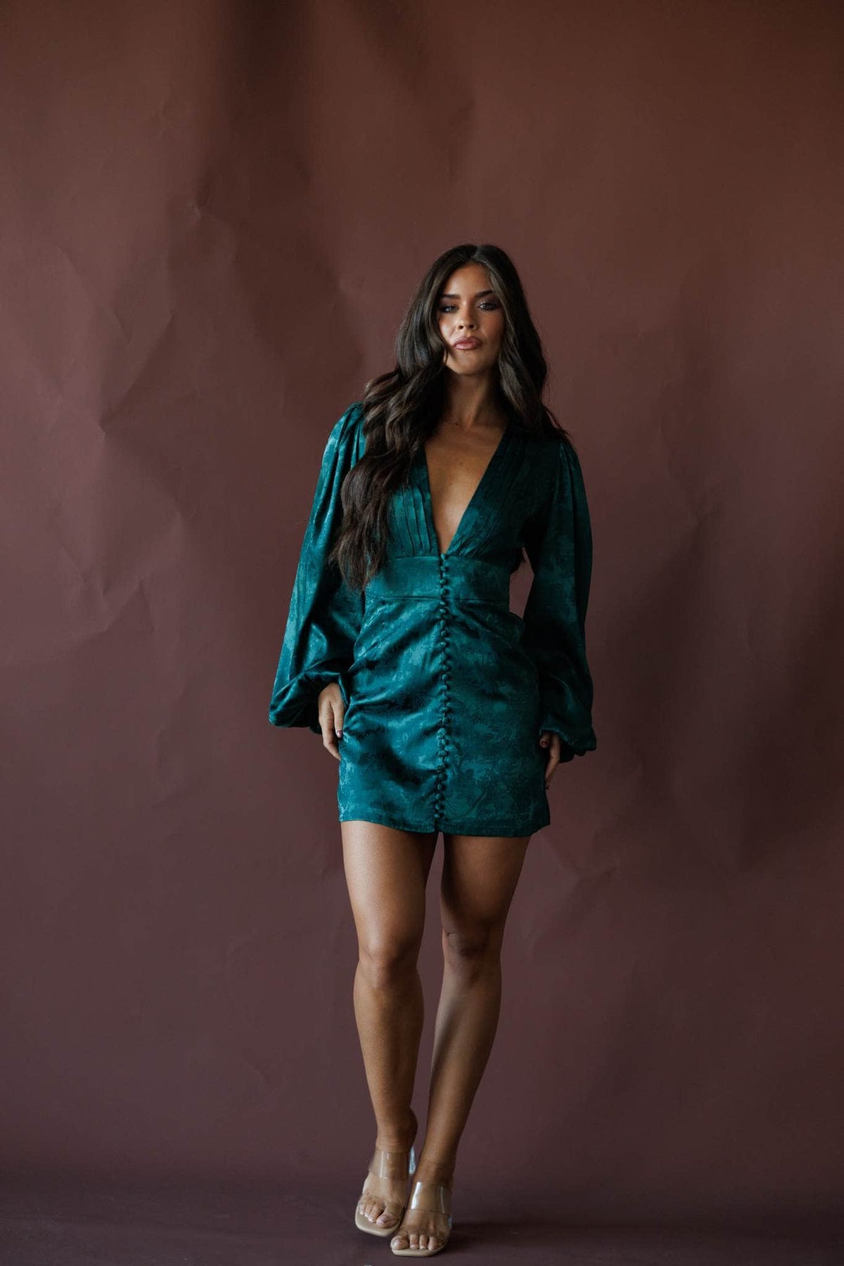Emerald satin long sleeve mini dress